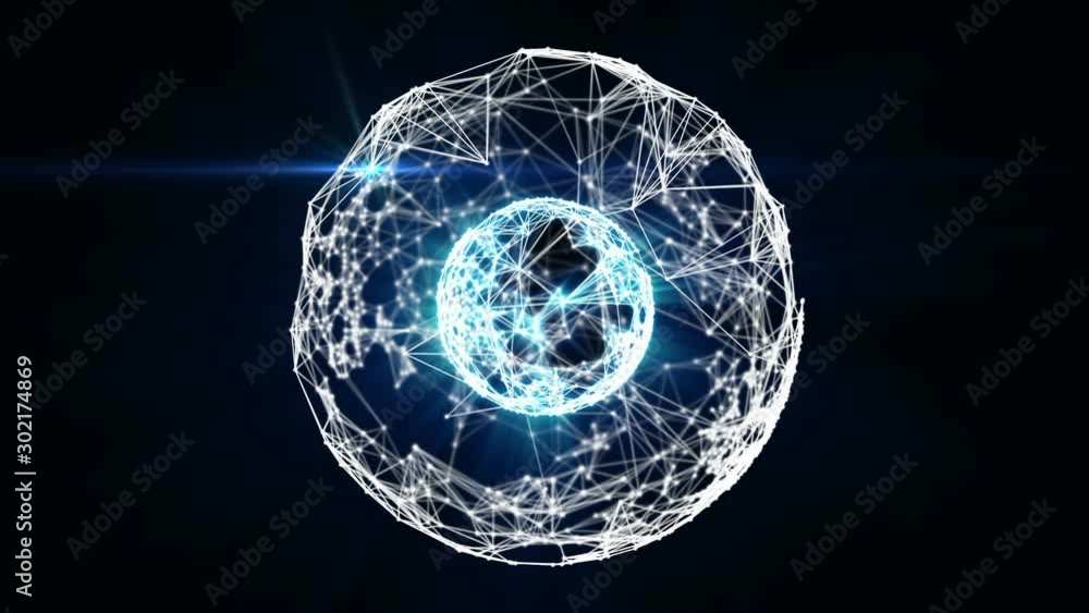 Poster animated abstract concentric two spheres formed by plexus connected white dots and blue lines and li