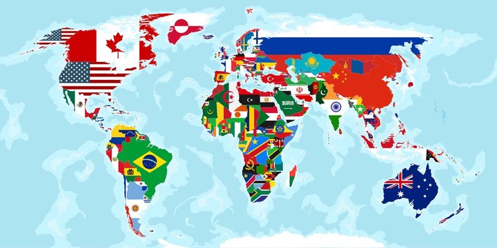 world map divided by countries and flags