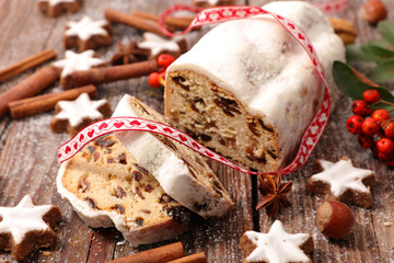 stollen fruit, christmas cake and decoration