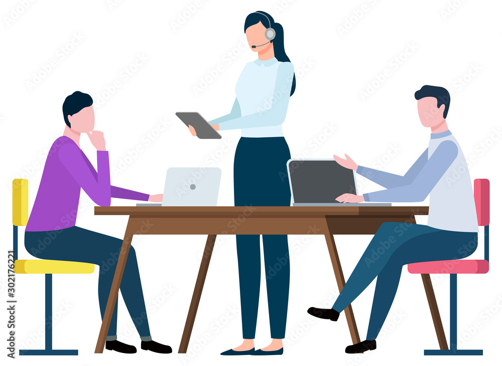 Poster office workers vector, flat style characters working on new projects. teamwork, man and woman with h