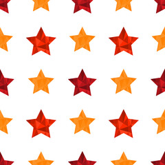 Trendy seamless pattern with red and orange polygonal stars. Creative vector ornament for cards, invitations, scrapbook, wrapping paper, packets, diapers, pajamas