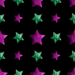Trendy seamless pattern with purple and green polygonal stars on the black background. Ornament for cards, invitations, scrapbook, wrapping paper, packets, diapers, pajamas. Vector illustration