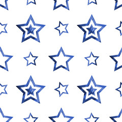 Modern seamless pattern with blue polygonal stars on the white background. Elegant vector ornament for cards, invitations, scrapbook, wrapping paper, packets, diapers, pajamas