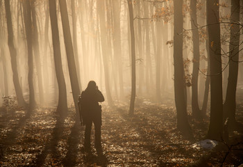 Lonely traveler in misty forest
