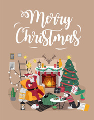 Card with Christmas home decorations with Santa Claus and pets. Scandinavian interior with cute cat and dog dressed in costumes. Illustration and New year typography in Hygge