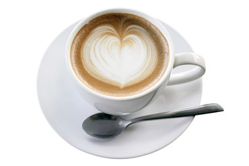 Coffee in a white mug decorated with milk foam in a heart shape And separated on a white background with clipping path.