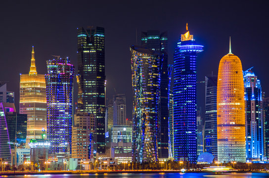 The skyline of the modern and high-rising city of Doha in Qatar, Middle East. - Doha's Corniche in West Bay, Doha, Qatar Photos | Adobe Stock