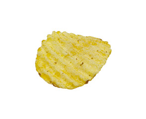 Single crispy potato chip isolated on white background. Tasty fried potato slices in closeup
