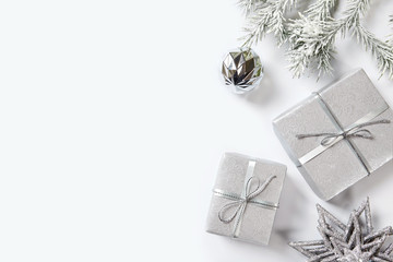 Christmas presents and decorations on white background