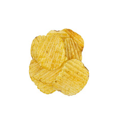 Pile potato chips isolated on white background. Tasty fried potato slices in closeup