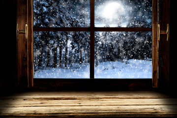 Winter window background of free space and chritmas time. 