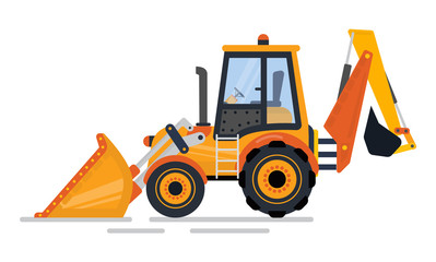 Obraz na płótnie Canvas Backhoe loader, side view of digger, vehicle with big wheels and blade. Tractor construction equipment, excavator machine, backhoe transport vector