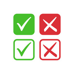 Tick symbol set in red and green circle, checkmark in checkbox vector icons. Yes and no, right and wrong tick check mark with square check box  symbols.