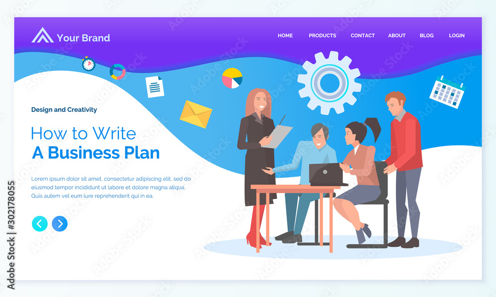 Poster how to write business plan app slider decorated by workers characters communication with computer. e