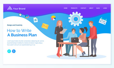 How to write business plan app slider decorated by workers characters communication with computer. Employees cooperation creative idea, laptop vector. Webpage or webslide template in flat design style