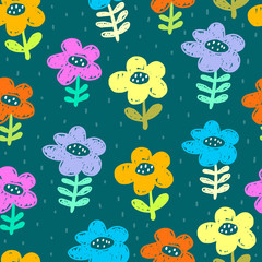 Seamless pattern with cartoon flowers, decor elements on a neutral background. flat vector. hand drawing. Design for gift wrapping, print, greeting card, baby decoration.