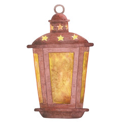 Vintage watercolor Lantern. Candle, light, decor, lamp,. Object for decoration, comfort. Could be used for prints, t-shirts, cards, books, flyers, magazines