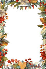 Rectangle christmas frame for card or invitation with poinsettia, lollipop, candy, gingerbread, berry, leaves, branches and garland. Hand drawn illustration.