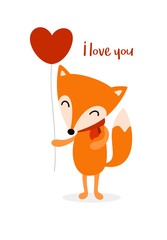 Flat vector little cute fox in love with red heart balloon. Happy St. Valentine`s Day greeting card