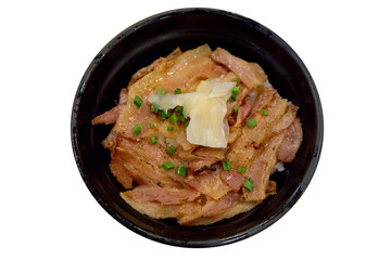 Grilled Pork Rice Bowl, top view focus selective.