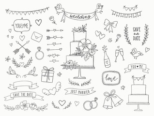 Hand drawn doodle wedding collection. Vector wedding icons, illustrations and design elements for invitations, greeting cards, posters. Arrows, hearts, laurel, wreaths, ribbons, flowers, banners. - 302179488