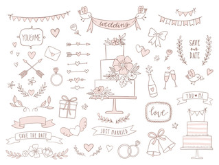 Set of wedding illustrations and icons. Hand drawn vector collection of design elements for for invitations, greeting cards, posters.