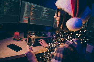 Profile photo of it specialist lady sparkling wine glass alone office night spend newyear midnight...