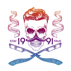 Vector illustration. Vintage, hipster skull barber shop logo in old, neon style.