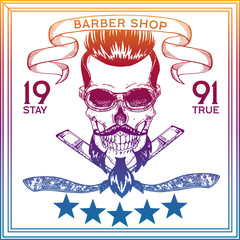 Vector illustration. Vintage, hipster skull barber shop logo in old, neon style.