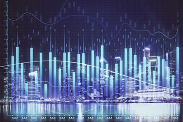 Financial chart on city scape with tall buildings background multi exposure. Analysis concept.