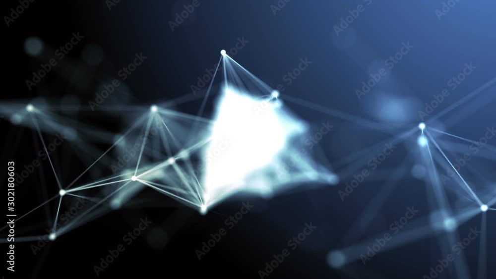 Poster Elegant fantasy abstract technology, science and engineering motion background with plexus lines, polygons and light nodes in organic motion. Depth of field settings. 3d rendering.