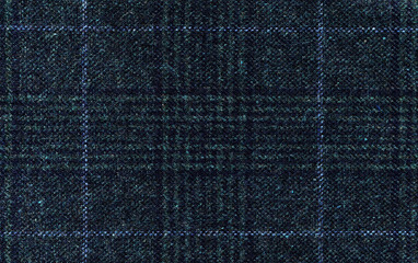 Dark grey woolen fabric. Classic blue check. Geometric patterns in Cashmere. Traditional Scottish Glen plaid. Expensive men's suit fabric. High resolution