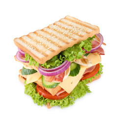 Tasty sandwich with chicken, ham and bacon isolated on white