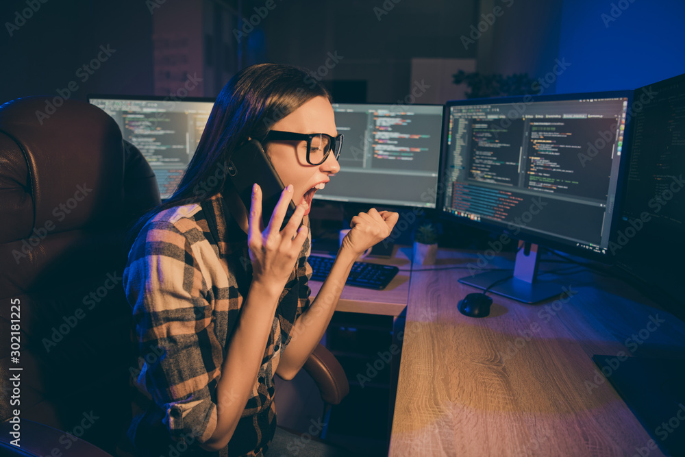 Poster side profile photo of tired exhausted evil mad crazy entrepreneur explaining code rules to her colle