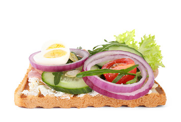 Tasty sandwich with ham and quail eggs isolated on white