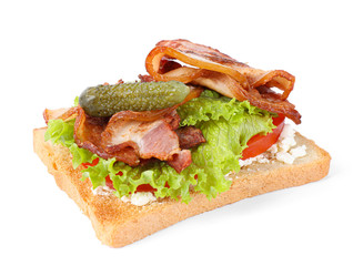 Tasty sandwich with bacon isolated on white