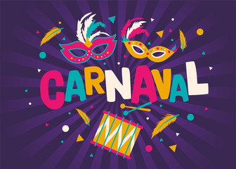Carnival card or banner with typography design, confetti and hanging flag garlands.