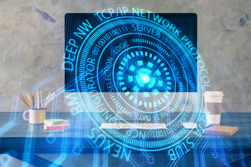 Fototapeta premium Technology theme drawing and table with computer. Double exposure. Concept of information.