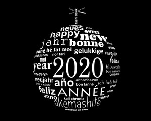 2020 new year black and white multilingual text word cloud greeting card in the shape of a...