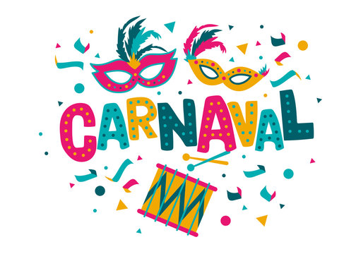Carnival card or banner with typography design, confetti and hanging flag garlands.