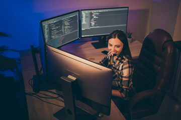 Photo of hard-working software developer in headset smiling toothily looking into screen using connection programs to speak