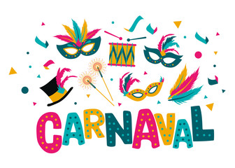 Carnival card or banner with typography design, confetti and hanging flag garlands.