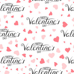 Fototapeta na wymiar Hand drawn happy valentines day lettering seamless pattern. Vector isolated romantic background with hearts for wrapping paper.