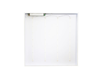 Power saving electrical efficiency concept. White led lights panel isolated. white square light panel.