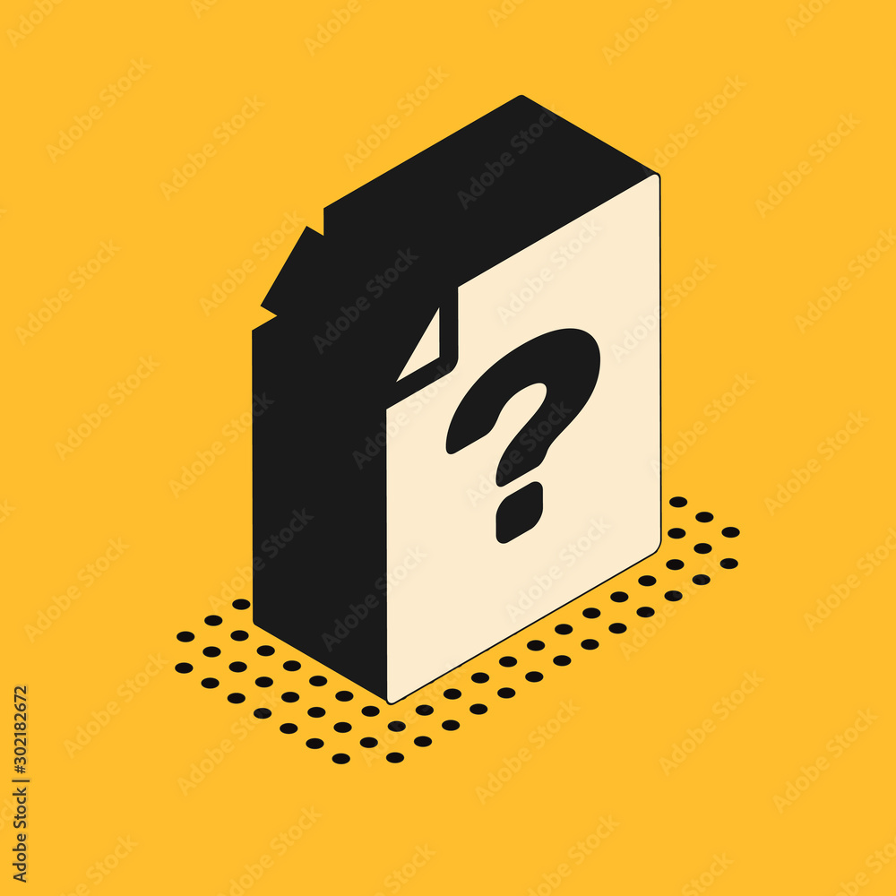 Poster isometric unknown document icon isolated on yellow background. file with question mark. hold report,