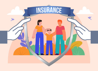 Family protection, life insurance. Man, woman and boy stand covered by big shield. Poster for social media, web page, banner, presentation. Flat design vector illustration