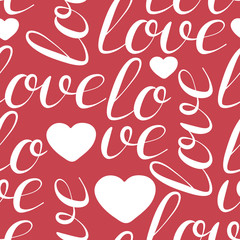 Hand drawn seamless pattern with love lettering, hearts and sayings for happy valentine day or wedding. Romantic card background.
