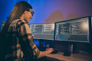 Photo of cheerful positive cute pretty programmer girl having realized where night hard-working...