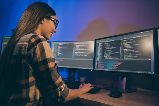 Photo of cheerful positive cute pretty programmer girl having realized where night hard-working mistake was and found way of solving