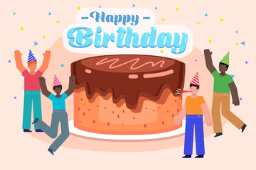 Birthday celebration. Cheerful people stand near big birthday cake. Poster for social media, web page, banner, presentation. Flat design vector illustration